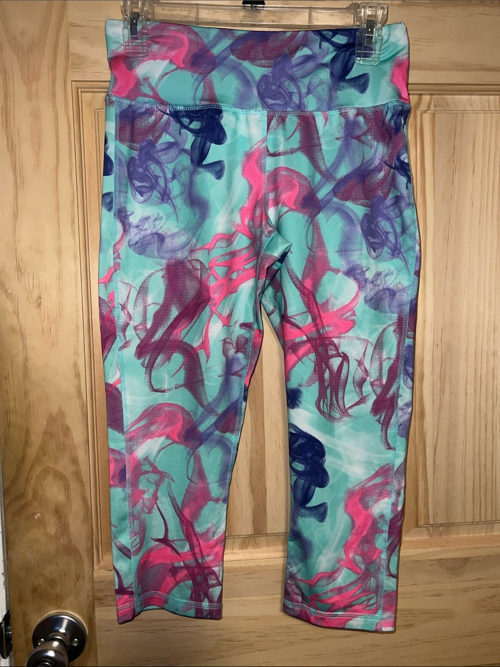Justice Aqua Leggings with Pink and Purple Swirl Print